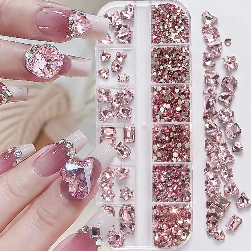 12 Grids 3D Pink Valentine's Diamond for Nails Art Bling Bling Love Heart Oval Square Glass Rhinestones DIY Manicure Decorations