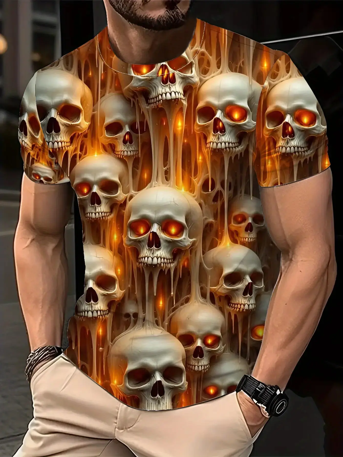Men's Short-Sleeved T-shirt Casual 3D Printed Summer Fashion Short-Sleeved Shirt, Dark Skull Design, Geometric Color. Men's Short Sleeve Round Neck Novelty Clothing, PLUS SIZE