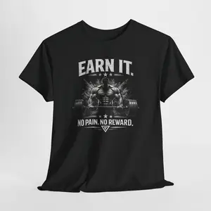 Men's Earn It Barbell Skull Print T-Shirt - Ribbed, Relaxed Fit, Classic Casual No Pain No Reward Workout Top