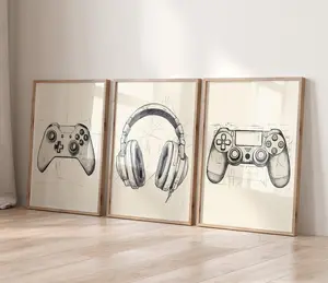 Blueprint Gaming Wall Art Prints, Set of 3 Sketched Gaming Prints