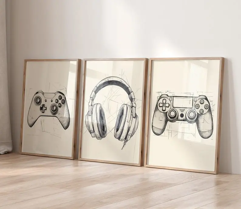 Blueprint Gaming Wall Art Prints, Set of 3 Sketched Gaming Prints