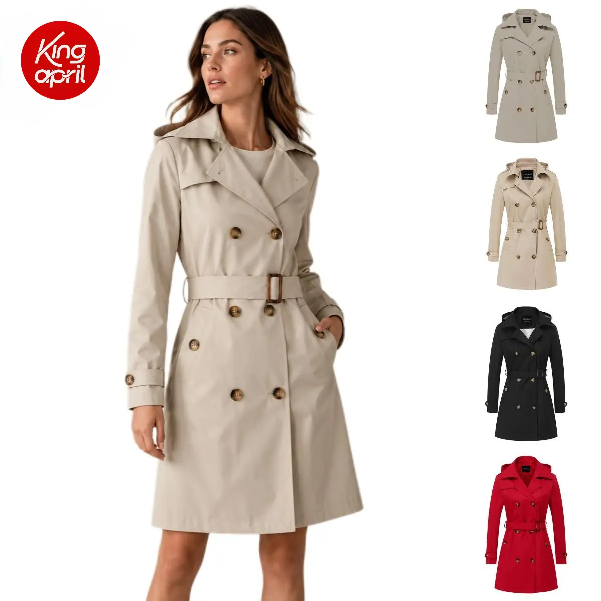 Kingapril Women's Slim Polyester Waterproof Windproof Trench Coat - Detachable Hood, Double-Breast, Belted Mid-Length Windbreaker, UV Protection, Epaulettes, Secure Cuffs, Pockets, Tear-Resistant Lining, Machine Wash Fall Winter Outerwear