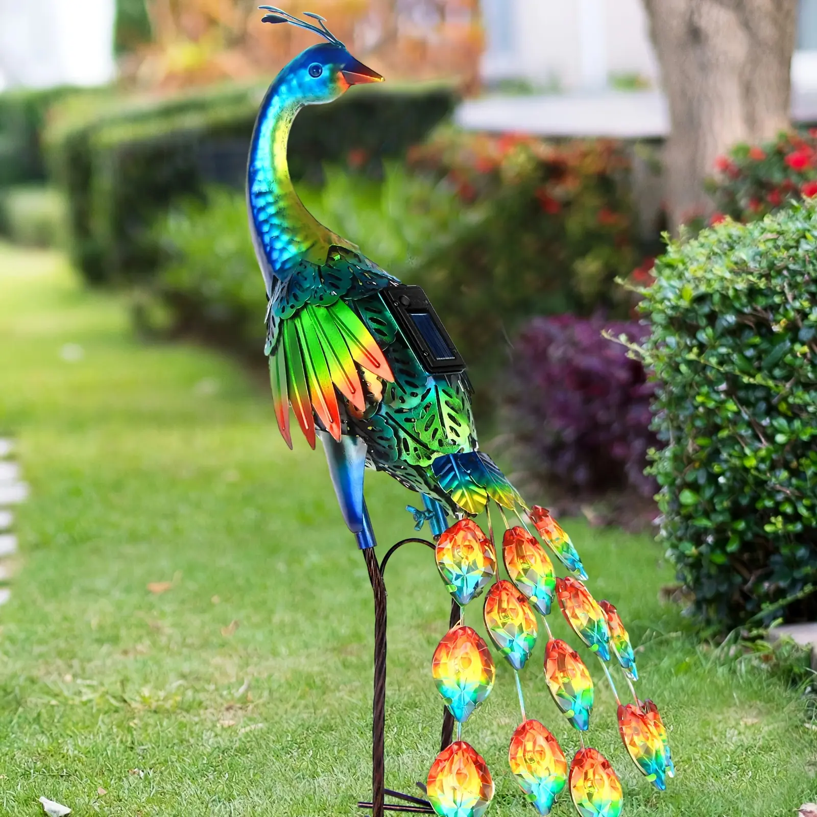 Vibrant Solar-Powered Metal Peacock Statue with Lights - Iron Garden Decoration for Yd or Lawn - Solar Panel for Daytime Charging & Nighttime Glow - Outdoor Home Decor Sculpture