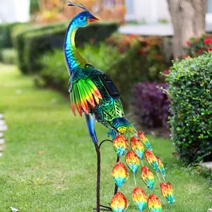Vibrant Solar-Powered Metal Peacock Statue with LED Lights Colorful Outdoor Garden Decor for Yard Lawn or Backyard Iron Sculpture with Solar Panel for Daytime Charging & Nighttime Glow Peacock Decor