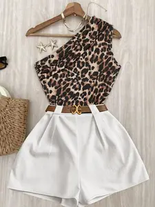 2 Piece Women's Spring Summer Set Outfit, Stylish Leopard Print Knit T-Shirt with Asymmetrical Shoulder, High Waist Slim Fit Shorts for Outings