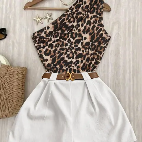 Women's 2‑Piece Spring Summer Matching Outfit Set, Chic Leopard Print Asymmetrical Shoulder Sleeveless Top & High Waist Shorts, Casual for Outings Clothes