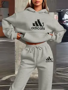 Hooded Sweatshirt Set, Cute Cartoon Cat Print, Fall & Winter Fashion, Comfortable Loose Fit, Daily Wear