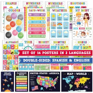 16 Pieces of Educational Posters to Improve Writing in Children, is Laminated, Set of 16 Posters in 2 Languages, Double Size English & Spanish, Works as 32 Posters