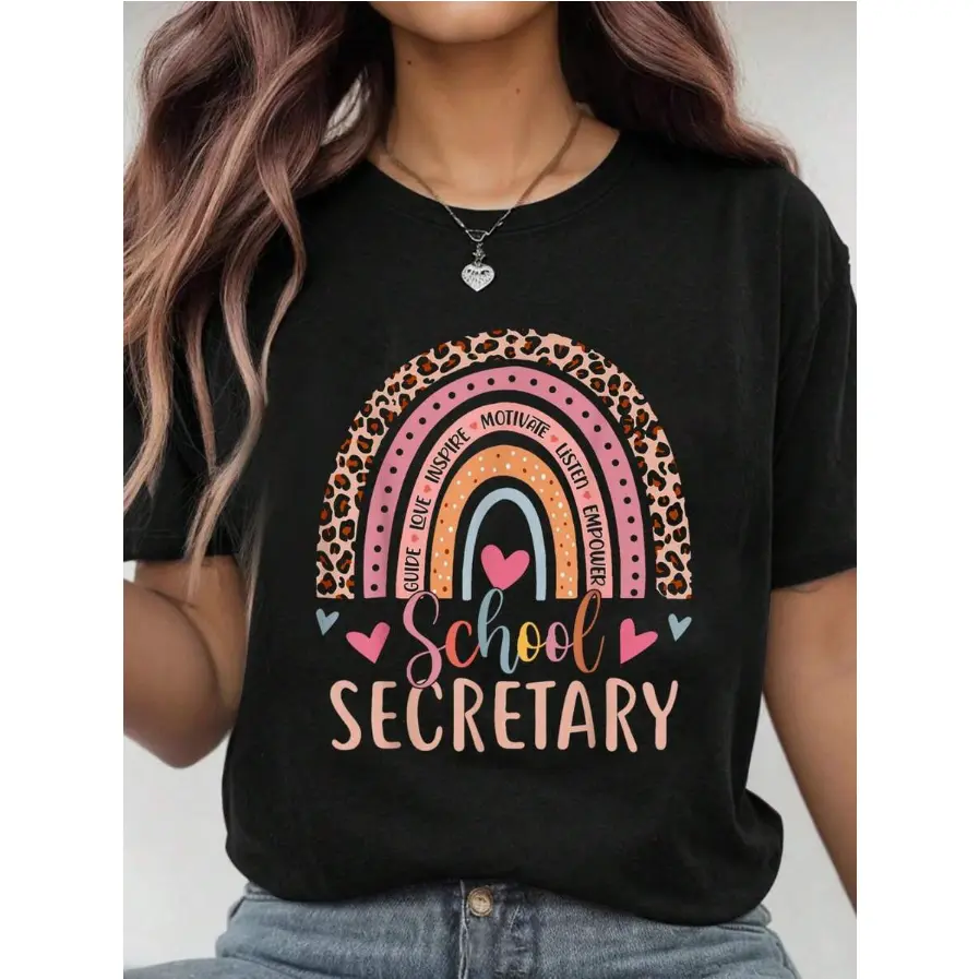 Men's 100% Cotton Short-Sleeve Casual Comfortable T-Shirt, Funny School Secretary Rainbow Leopard Print Front Office Fitness Top, Shortsleeve, Round Neck