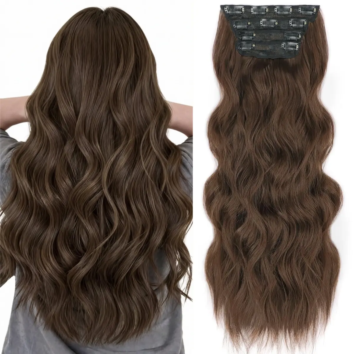 Women's 4PCS Clip-in Curly Wave Synthetic Hair Extensions - 20 Inch Medium Brown Thick Heat Resistant Fiber Weft Clips Hairpieces, 190g/6.7oz for Party & Daily Use, Synthetic Soft Hairpieces, Long