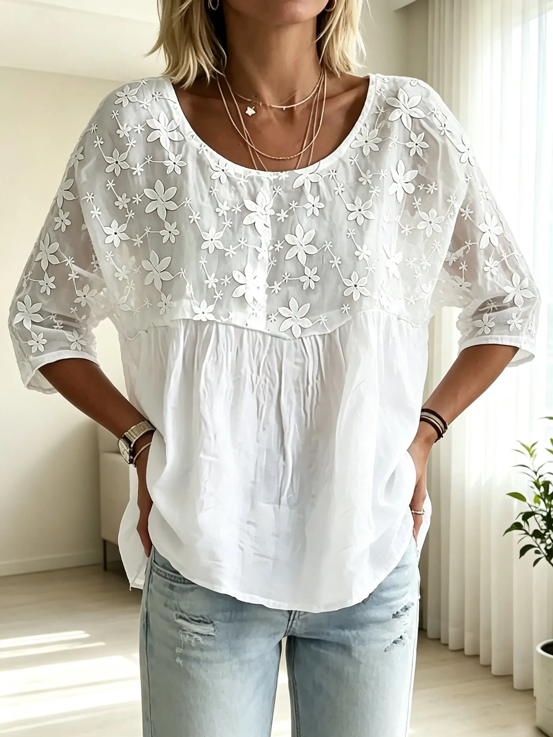 Plus Size Women's Round Neck Jacquard Patchwork Casual Base Shirt Women's White Shirt New Fashion Embroidered Fabric Mid-Sleeve Women's Blouse Top