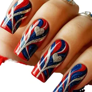 4th of July Press on Nails Glossy Silver Glitter Glue on Artificial Fingernails American Flag Fake Nails Medium Square Stick on Nail 24 Pcs Independence Day Acrylic False Nail for Women Gift