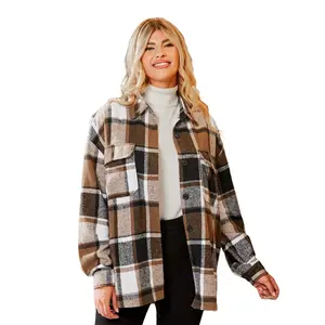 Women's Plaid Pocket Button-Front Shacket - Cupshe-M-Brown