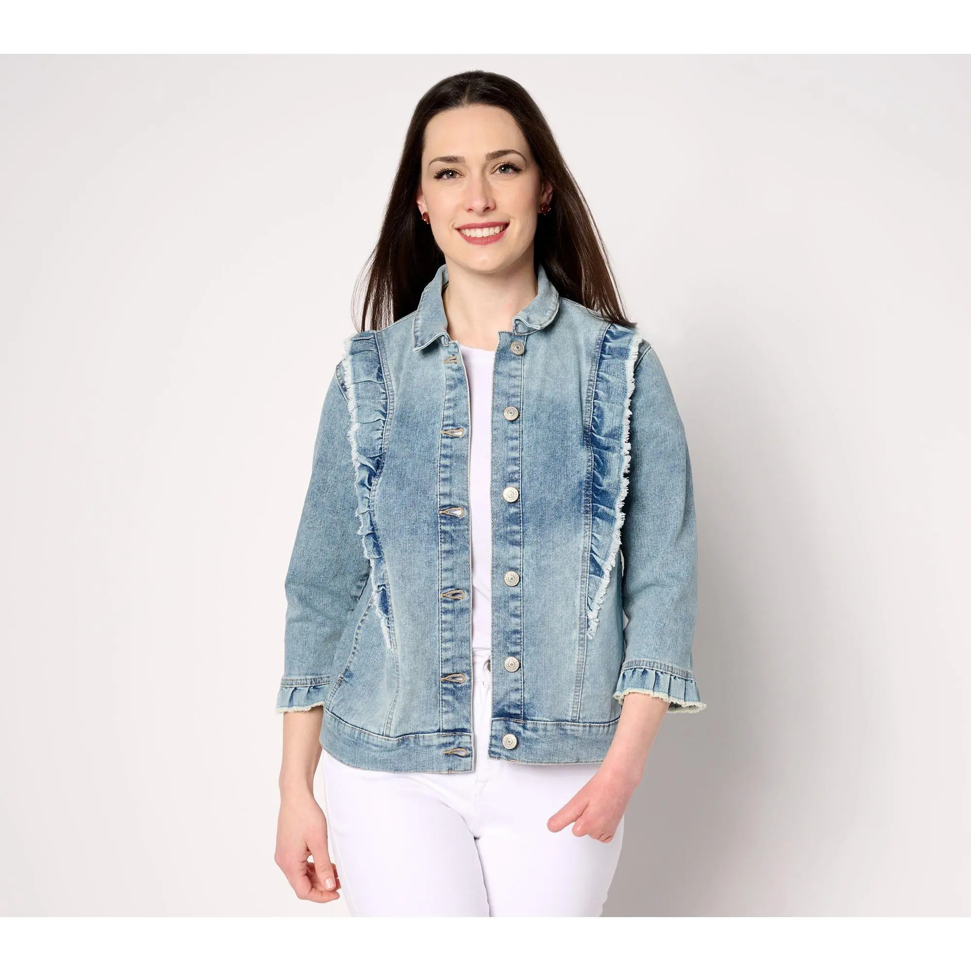 LOGO by Lori Goldstein Denim Jacket with Ruffle Detail