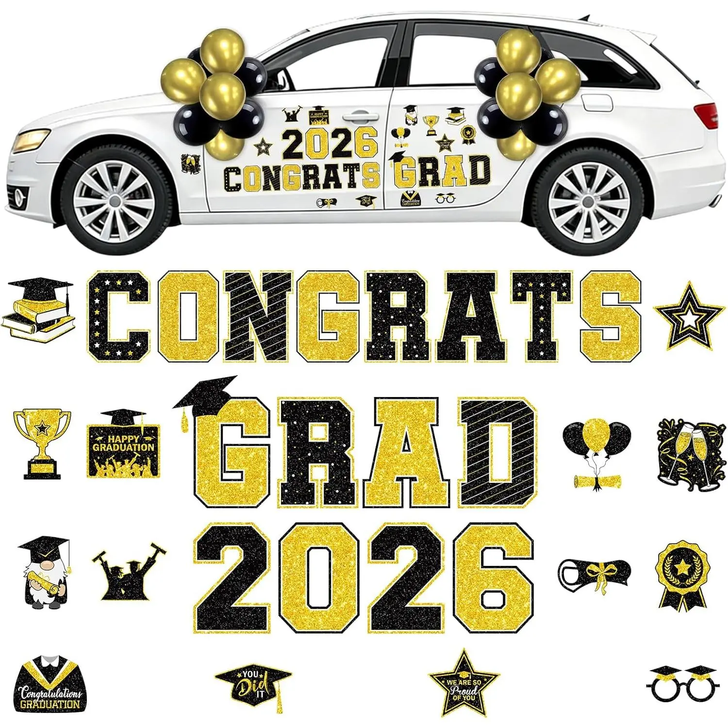 Graduation Car Magnets 2026, 46PCS Black Gold Graduation Car Decorations 2026 with Balloons, Congrats Grad Car Magnets and Decals Decor Supplies for Grad Parade Party