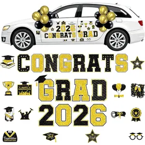 Graduation Car Magnets 2026, 46PCS Black Gold Graduation Car Decorations 2026 with Balloons, Congrats Grad Car Magnets and Decals Decor Supplies for Grad Parade Party