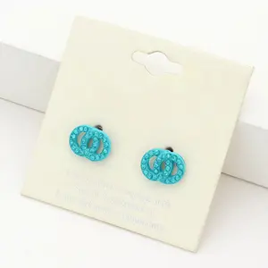 Small Teal Rhinestone Double Open Circle Link Stud Pageant Earrings | Earrings for Little Girls  |  170415
