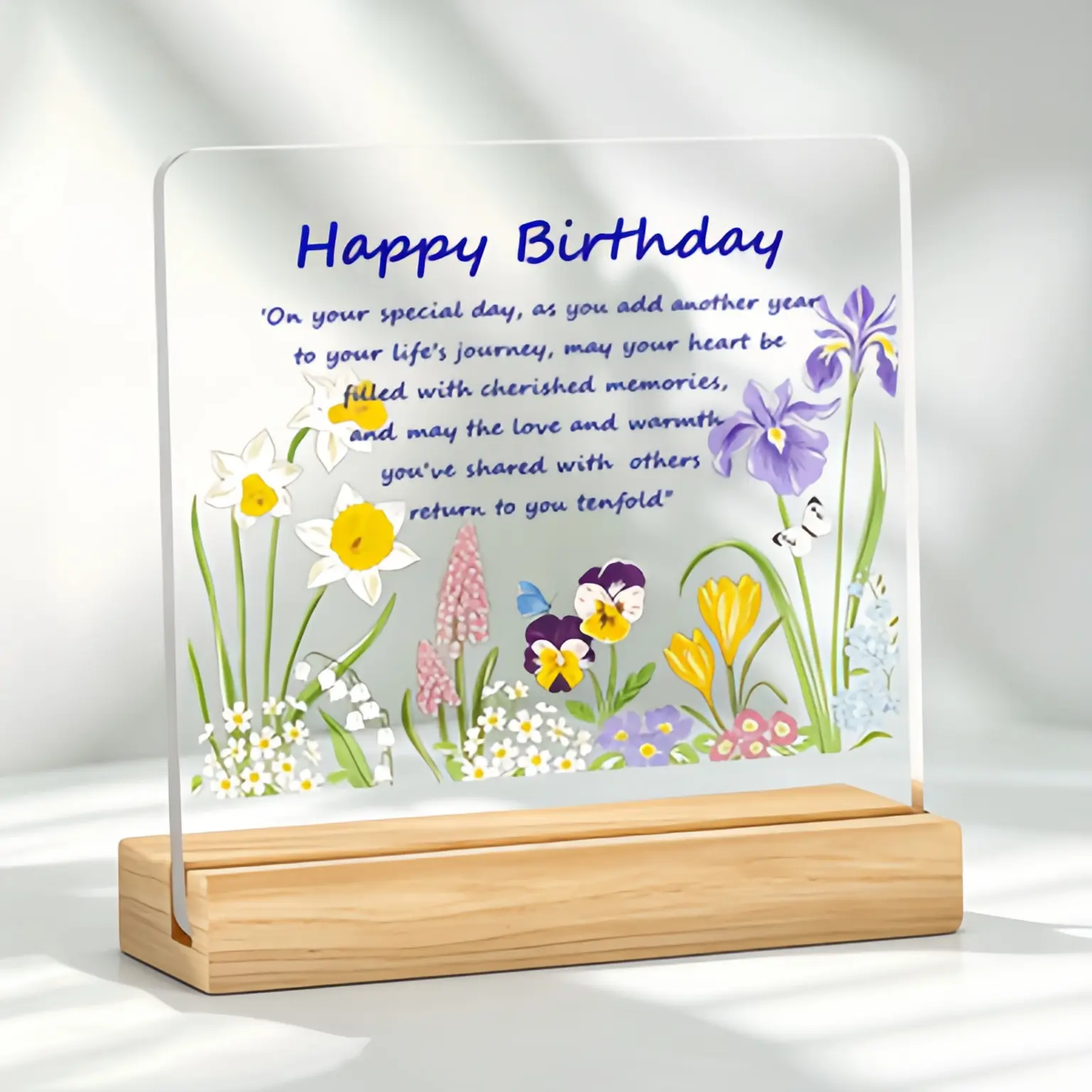 Happy Birthday Acrylic Plaque with Wooden Stand, Wildflower Floral ArtDesk Decor, Sentimental Birthday Keepsake Gift for Friends, Family, PartyTable Ornament