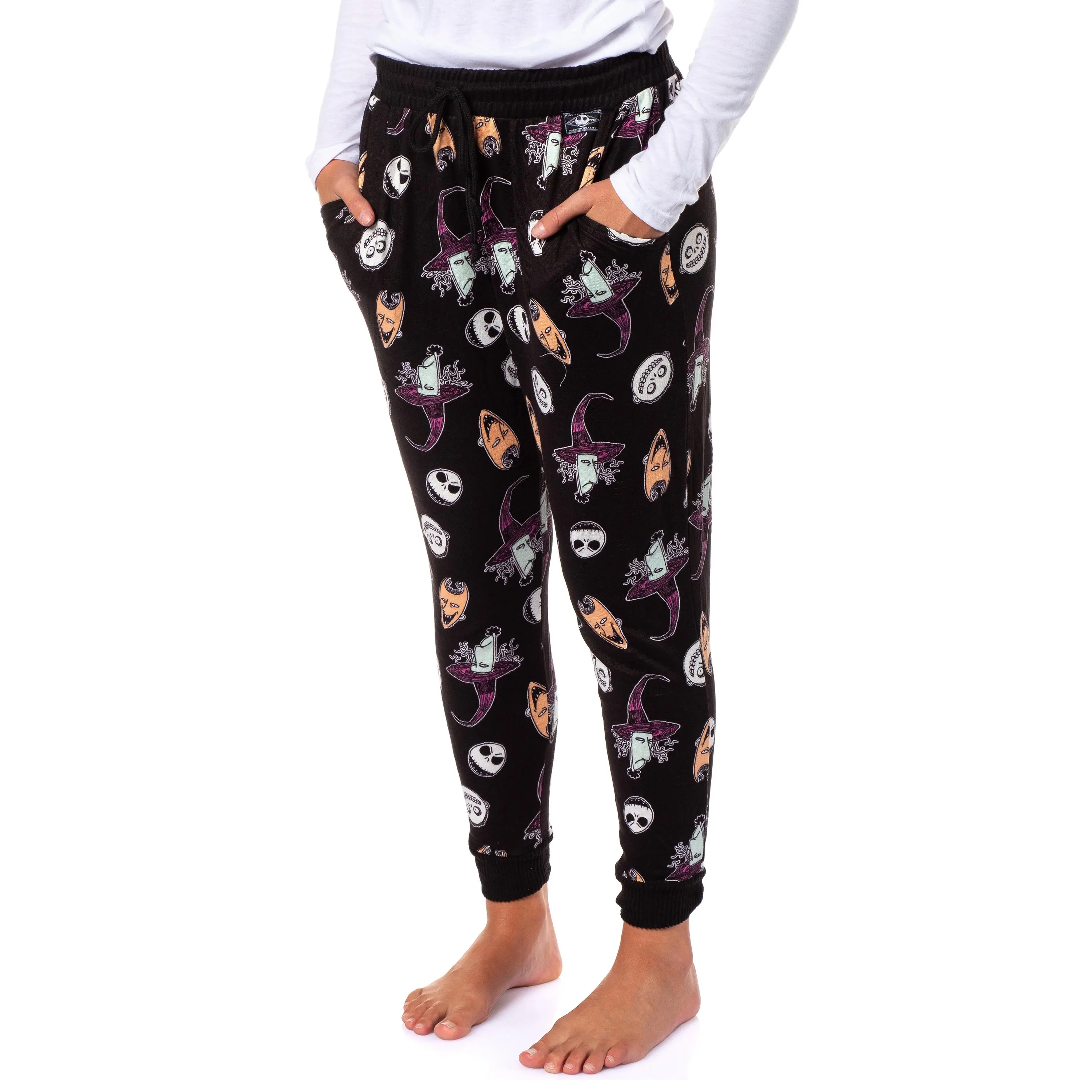 Women's The Nightmare Before Christmas Halloween Nightwear Pajama Pants - Jack, Lock, Shock, Barrel Character, Adjustable, Stretchy Spandex Lounge Jogger Sleep Pants (X-Small), Loungewear, Fabric, Drawstring