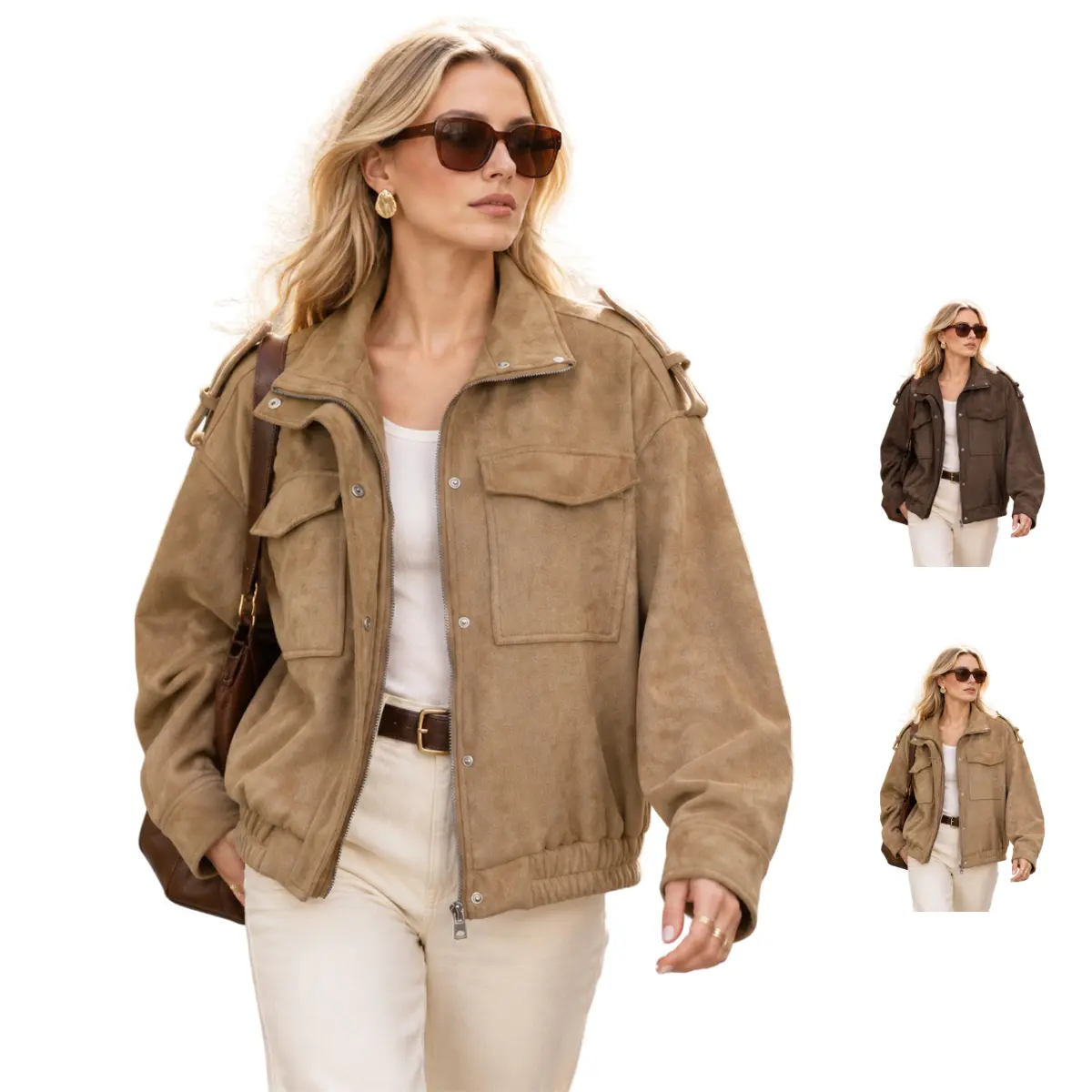 JovenPara Women's Suede Cargo Jacket Stand Collar Oversized Utility Bomber Coat  Long Sleeve Flap Pockets Casual Cropped Field Jacket for Fall Winter
