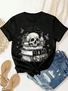 Women's Gothic Skull Book Graphic T-Shirt - Black Casual Crew Neck Short Sleeve Tee with Bat & Pentagram Design Soft Breathable Fabric for Summer Outdoor & Halloween Apparel Comfortable Fit Cotton TopUnisex Crew neck T-shirt for Men And Women,