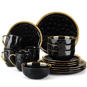 LOVECASA Apollo Dinner Service Set, 12/16 Piece Sweet Crockery Set Made of Porcelain, White, Black, Green Crockery Set with Gold Rim, Crockery Service for 4 People with Dinner Plates, Dessert Plates, Bowls and Cups Tableware