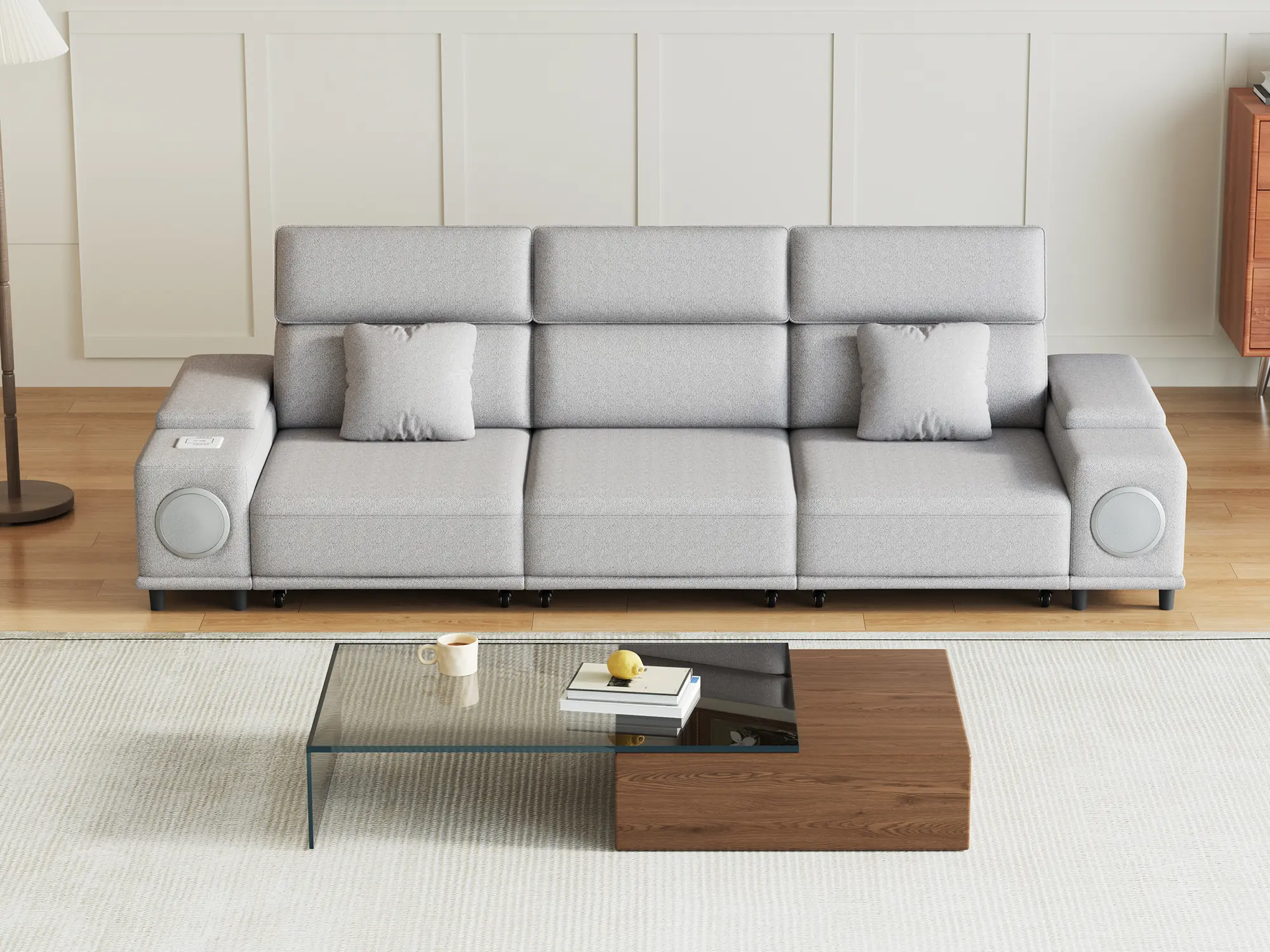 Power Reclining Sectional Sofa with Storage & Speakers, Convertible Sleeper Bed, Wireless Charging - 3-Defense Fabric for Living Room & Apartments