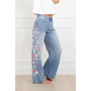 Bayeas High Rise Light Wash Barrel Jeans with Floral Embroidery