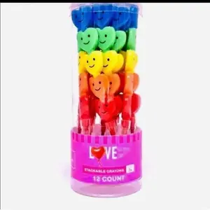 Valentines 12 Count Stackable Crayons - Colorful Smiley Faces in Plastic Case