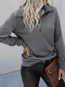 Women's Plain Stand Collar Half Zip Fitted Tee, Casual Long Sleeve Pullover Top for Spring & Fall, T Shirts for Women, Ladies Clothes for Daily Wear, Womenswear