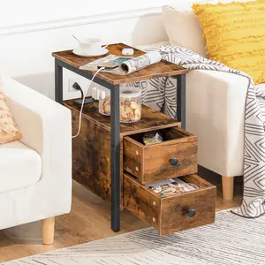 HOOBRO Set of Two End Table with Charging Station, Narrow Side Table with 2 Drawer & Power Outlets, Nightstand Small Spaces, Rustic Brown and Black#SpringSale #BigSpringSale