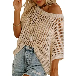 Womens Summer Scoop Neck Short Sleeve Sweater Crochet Hollow Out Knit Tops Pullover Shirts Beach Coverup
