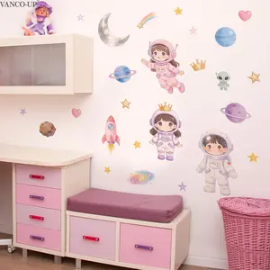 Set of 2 Pieces (30*60cm*2pcs) Watercolor Space Astronaut Wall Stickers, Planet Rocket Wall Decor Decals for Kids' Room