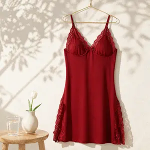 Women's Spaghetti Strap Modal Cami Sleep Dress - Lace Trim, Side Slit, Adjustable, Casual, Smooth, Simple Lightweight Soft Loungewear Night Gown summerwins