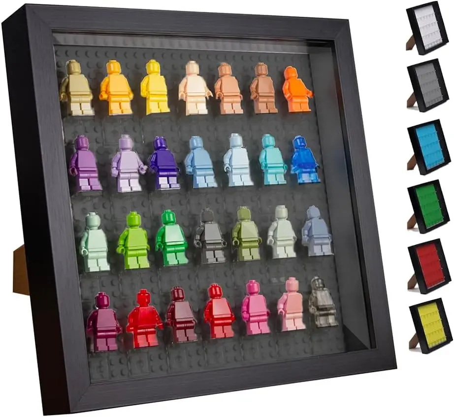 Tapeera Black Wooden Minifigure Display Case - Memorabilia Display Case for Figures - 11 x 11 Inch Shadow Box Frame - Wall and Table Top With Dust Protection - Up To 28 Figures (Black Base, 4cm Depth)