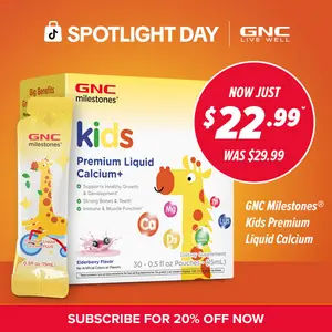 GNC Milestones Kids Premium Liquid Calcium+ Supplement, Supports Healthy Growth & Development, Strong Bones & Teeth, Supports Brain, Nerve & Muscle Function, Energy Production, For Kids 3 & Above, Convenient Pouch, Elderberry Flavor,  30 Day Supply