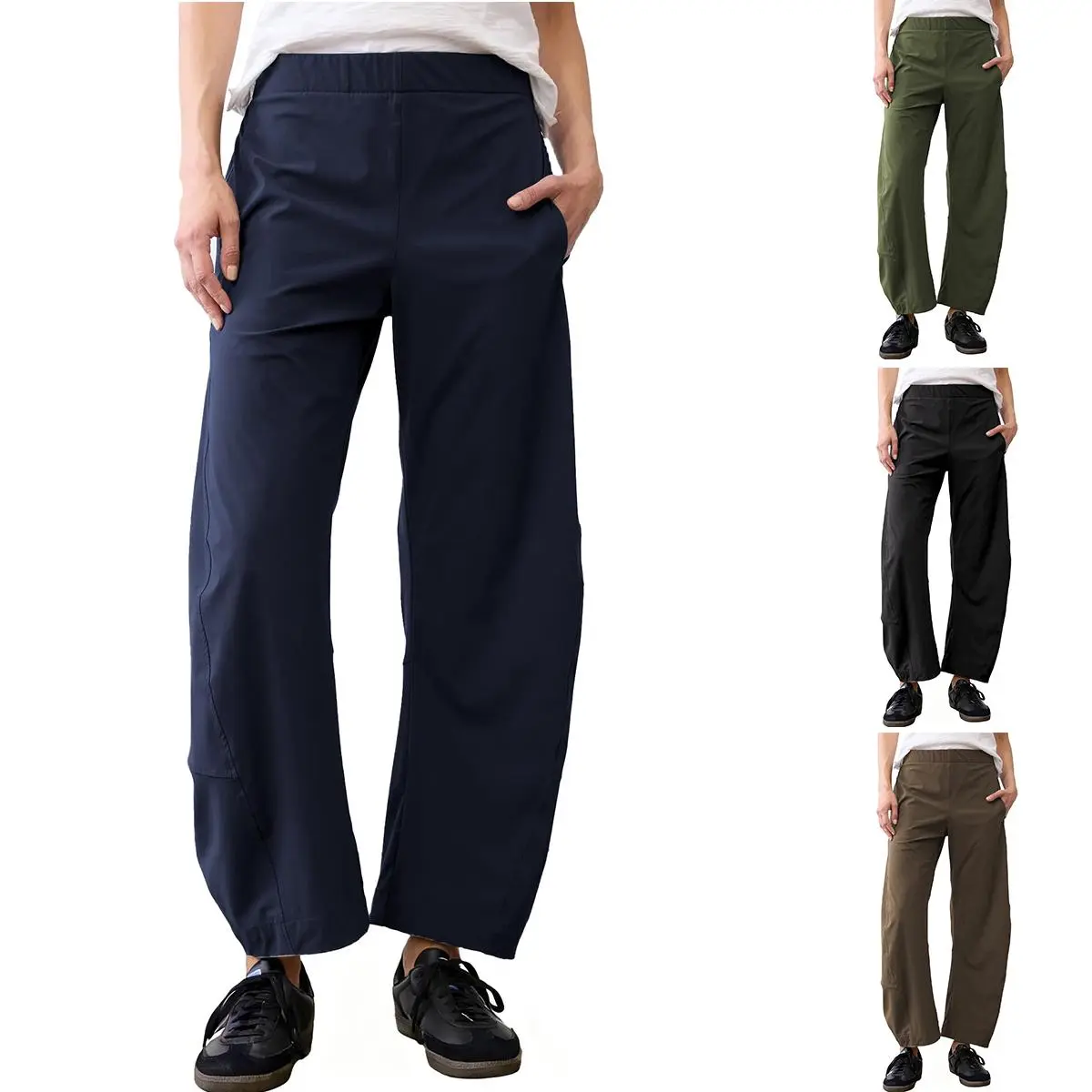 JovenPara Women's Barrel Travel Pants Elastic Waistband Tapered Baggy Mid Rise Work Lounge Trousers, Soft Lightweight Wrinkle Resistant Daily Casual Bottoms With Functional Side Pockets, Multi Neutral Colors For Vacation Office Daily Wear