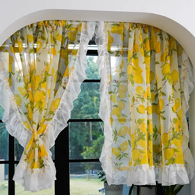 Japanese Country Lemon Tree Pattern Sheer Curtain, No-Drill Partition Decor Half Drapes, Custom Velcro Rod Pocket Door Curtain