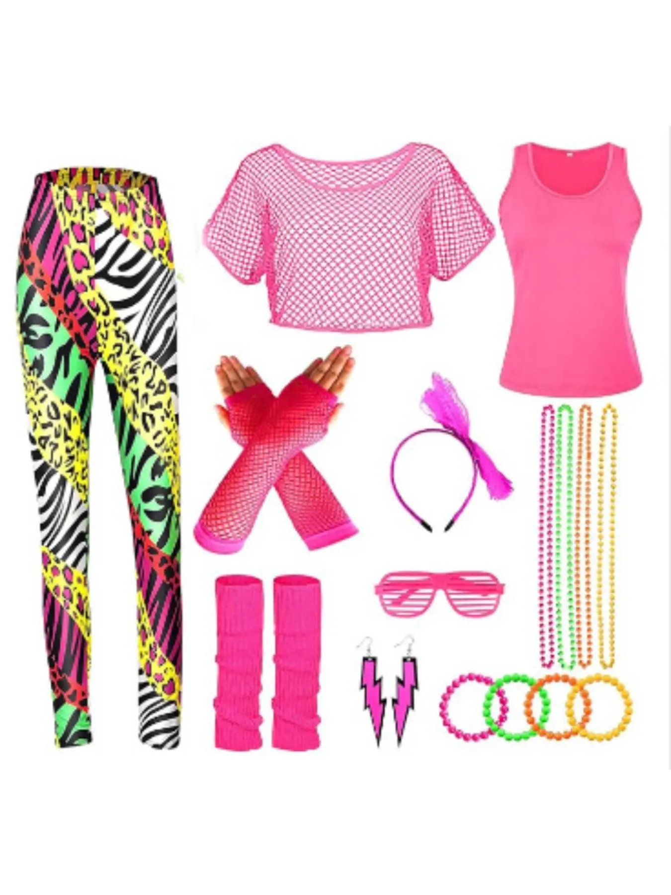 80s Retro Women's Accessory Set Vintage Outfits Womenswear Neon Geometric Leggings, Earrings, Necklace, Gloves & Bracelet for Party Vintage Costume Styling