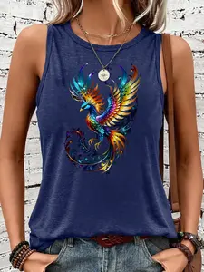 Colorful Phoenix Print Summer Tank Top, Casual Fitted Sleeveless Elegant Boho Chic Round Neck Vest, Comfortable and Breathable Women's Clothing S-Xxl