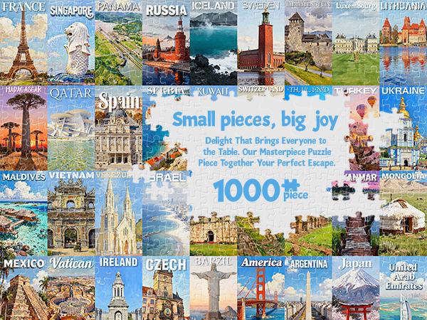 Travel Puzzle Jigsaw Puzzles for Adults 1000 Pieces, 63 World Wonders Travel City Jigsaw Puzzle Colorful Wall Art Decor
