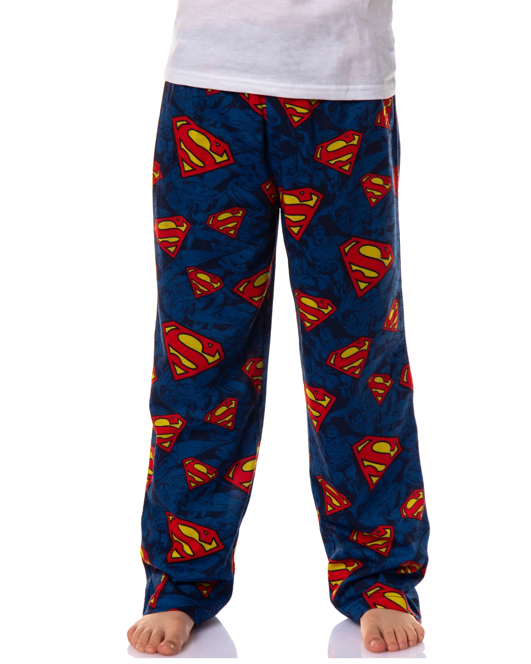 DC Comics Kids' Boys' Cozy Superman Red and Yellow Emblem Logo All-Over Tossed Print Relaxed Fit Nightwear Pajama Pants Loungewear