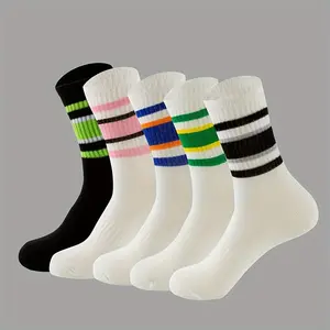 5 pairs of striped printed socks, sports breathable mid tube socks, women's daily wear casual trendy versatile socks
