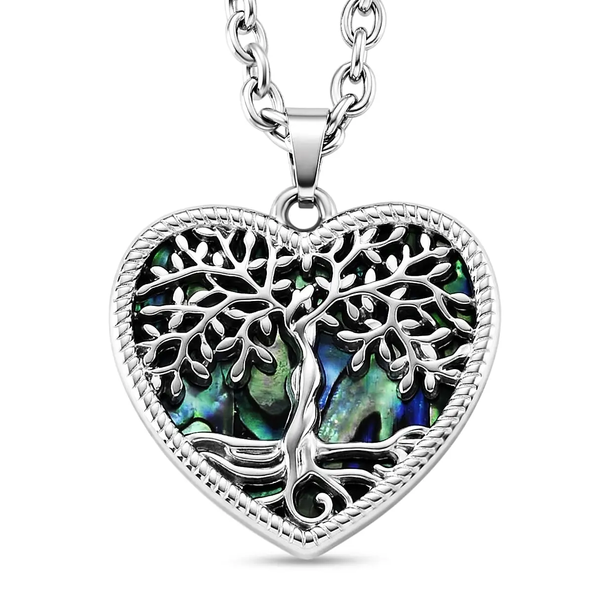 Abalone Shell Tree of Life in Heart Shape Pendant Necklace in Stainless Steel 20 Inches
