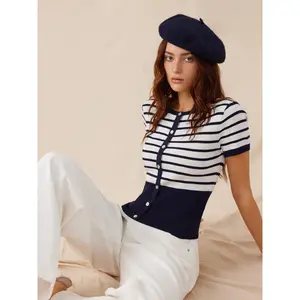 Cider Knit Striped High Stretch Short Sleeve Cardigan With Pearl Buttons SummerWins Dealsforyou