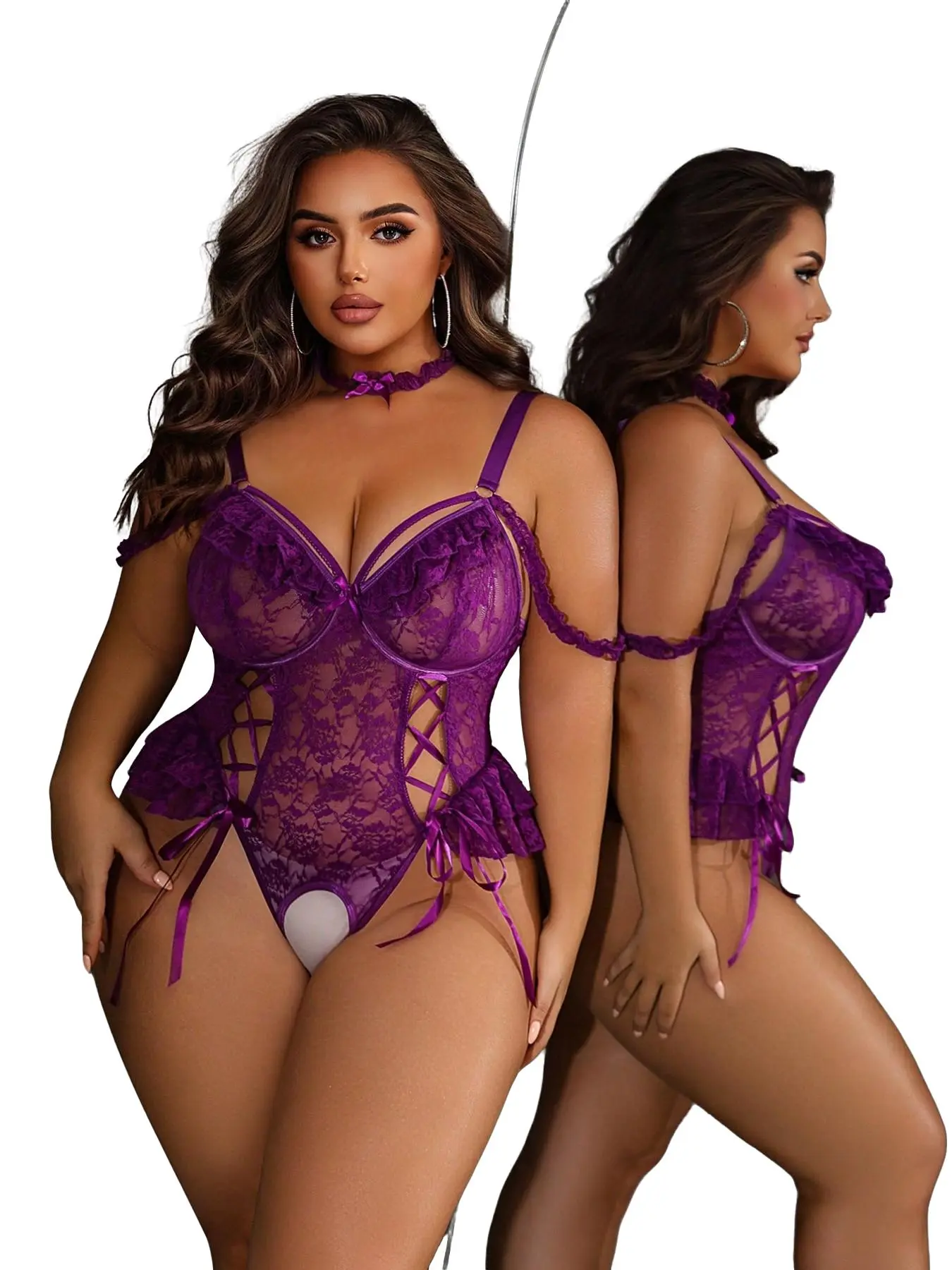 Valentine's Day Enchanting Plus Size Purple Lace Bodysuit - Lace-Up Teddy with Choker