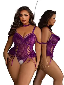 Valentine's Day Enchanting Plus Size Purple Lace Bodysuit - Lace-Up Teddy with Choker