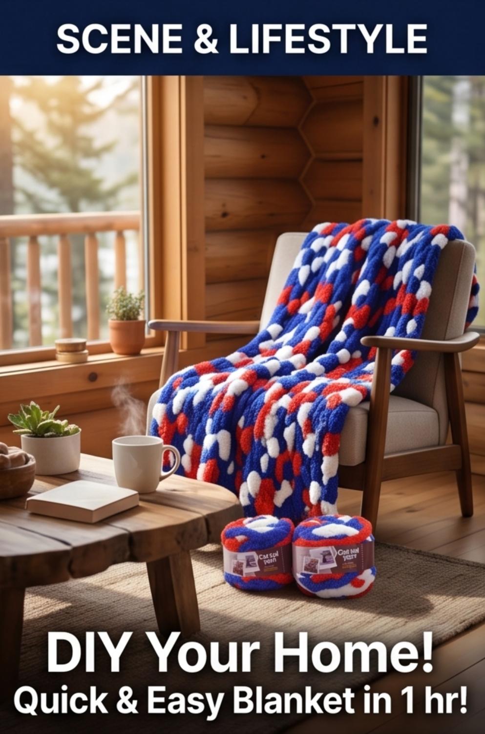 Patriotic Red White Blue Chunky Chenille Yarn (4 Pack) - No-Needle Finger Knit Yarn, Ultra Soft Plush Cat Tail Yarn for DIY Blankets & Gifts