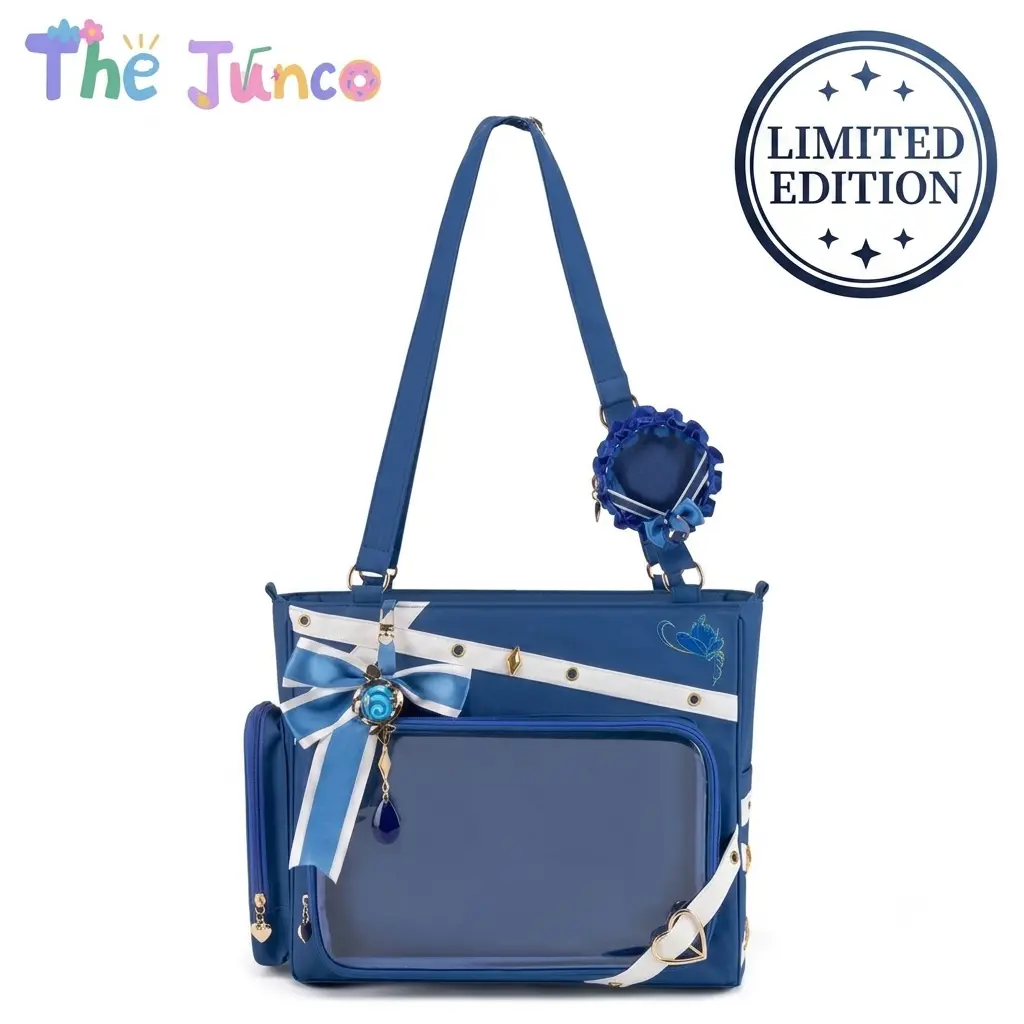 THE JUNCO Genshin Impact Furina Ita Bag - Large Capacity Blue Cosplay Handbag with Clear Front Window for Anime Badges & Pins, Fashion Tote Bag