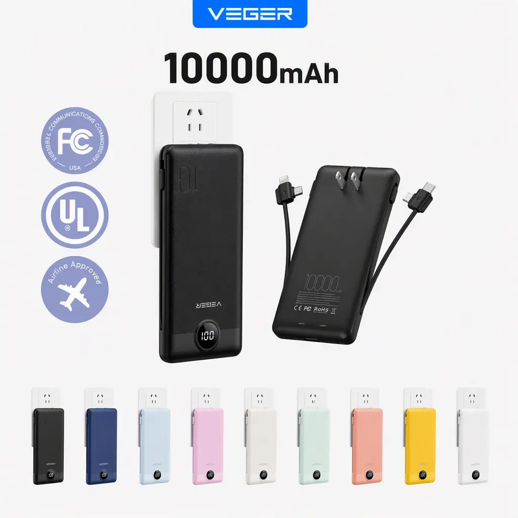 VEGER Portable Charger, with Built-in AC Plug and Data Cable, 10,000mAh Ultra-Slim Multifunctional Power Bank, LED Battery Level Indicator, a Travel Essential, USB C External Battery Pack Compatible with iPhone, Samsung, Android, Portable Chargers, Batter